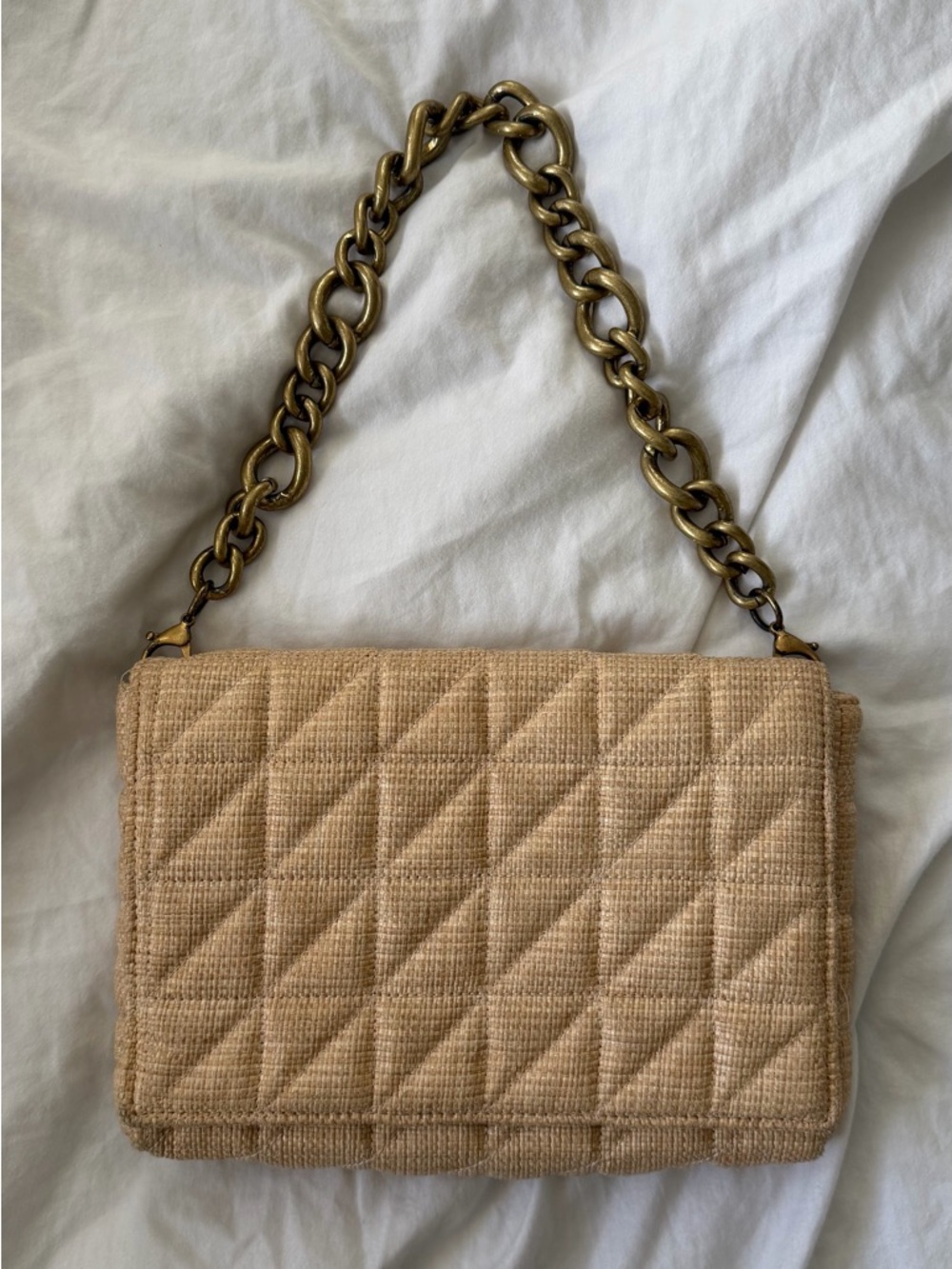 Zara Tan Quilted Shoulder Bag with Antique Gold Chain
